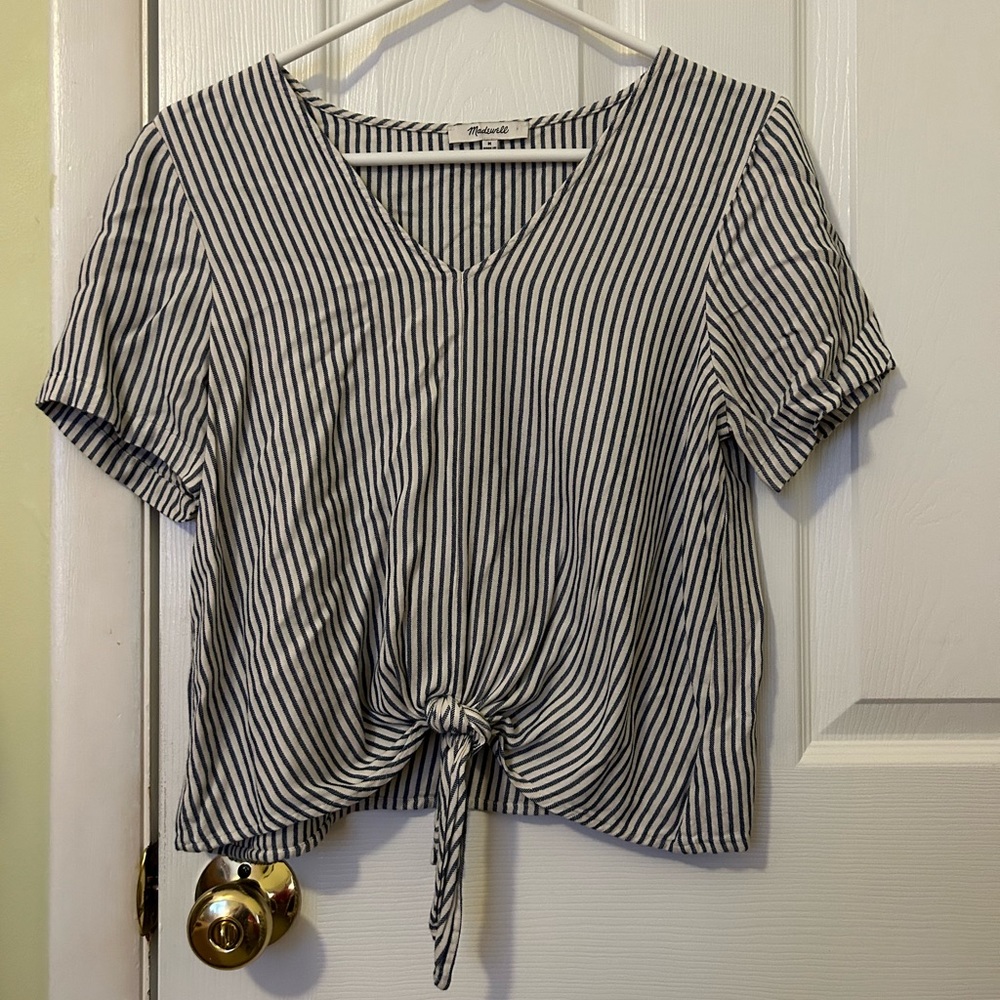 Madewell Novel Tie-Front White/Blue Striped Top